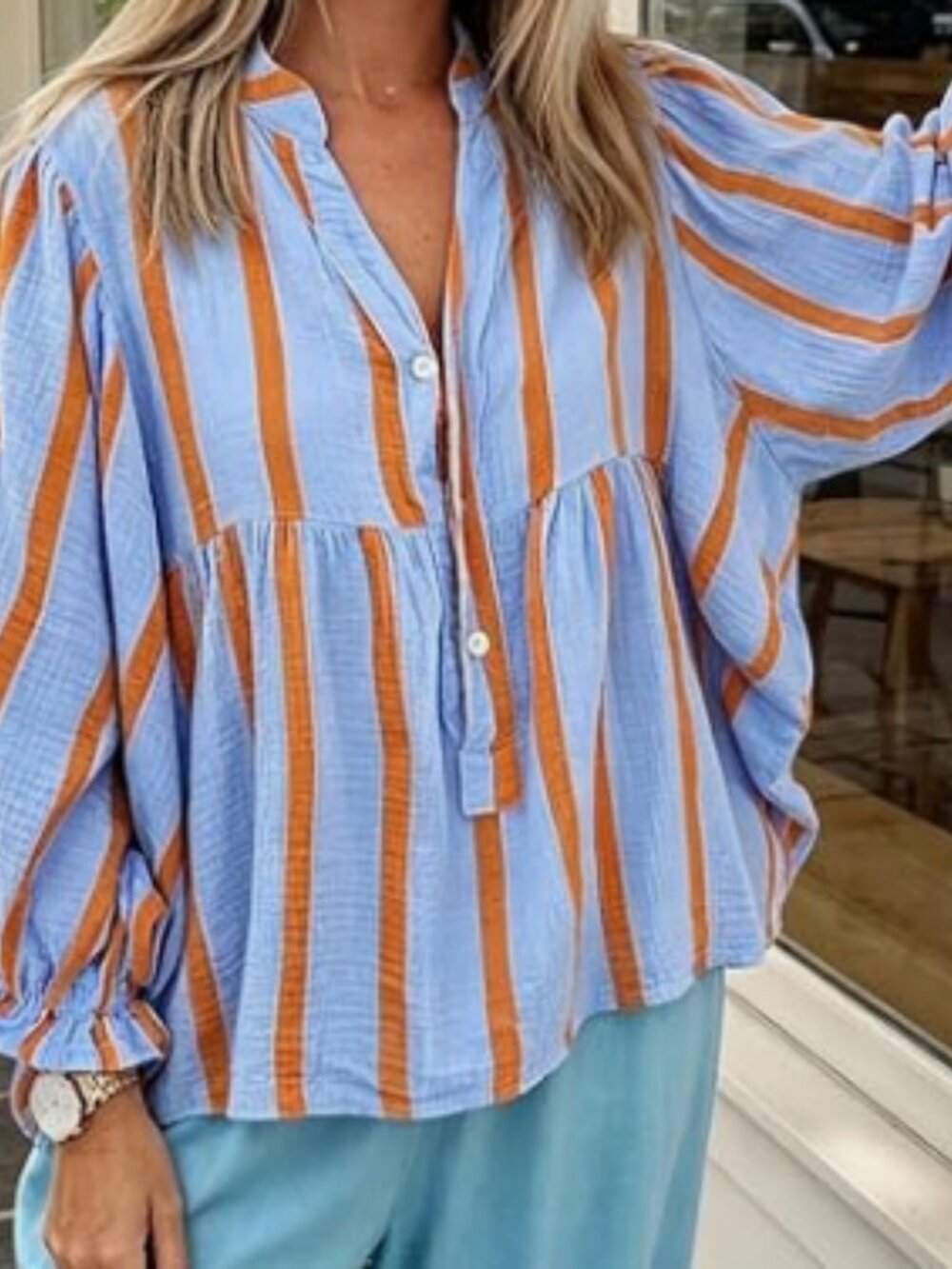 Womens Puff Sleeve Babydoll Tops Casual Striped Shirt Flowy Blouse Cotton - Med